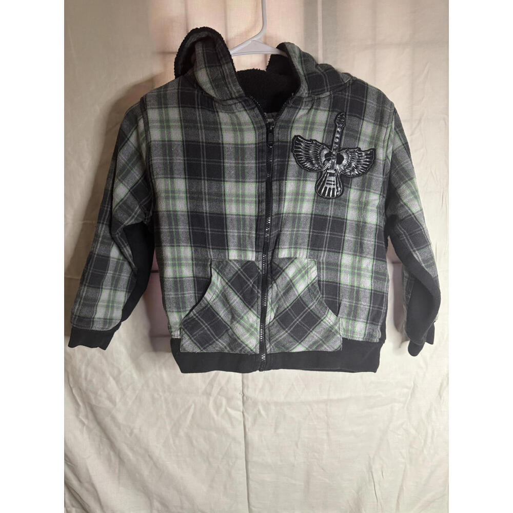 Cozy Plaid Jacket with Rock Guitar Patch - Boys Size 7 Green‎ Black
